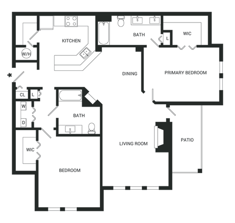 Floor plan for 2 beds, 2 baths, 1360 sqft